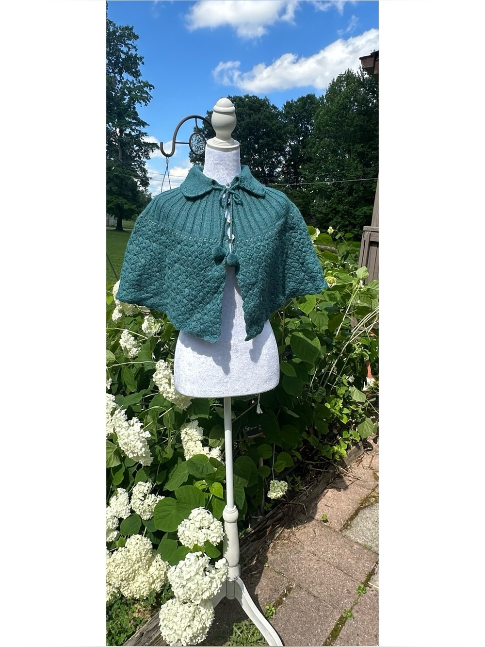 Odille Vintage Teal Wool Poncho Shrug with Pom Pom Ties
